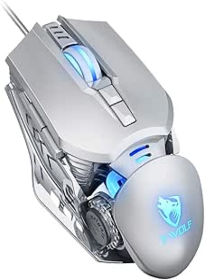 mixfeer T-WOLF G530 Wired Gaming Mouse 7 Button 4 Color Backlight 1200-6400 Adjustable DPI Office Mouse Built-in Weights for Laptop/PC Silver